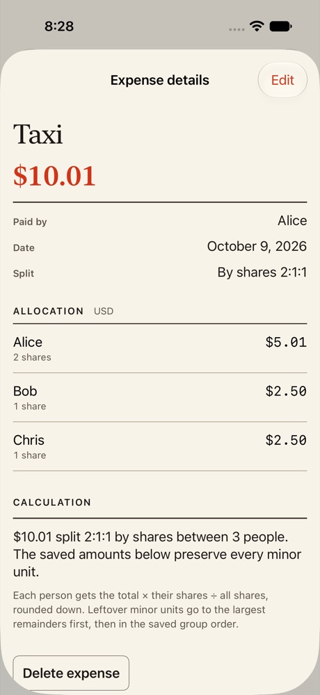 OweDone expense details: Taxi $10.01 split 2:1:1, Alice $5.01, Bob $2.50, Chris $2.50