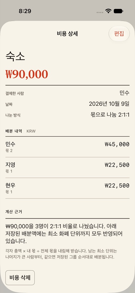 OweDone 비용 상세 화면: 숙소 90,000원, 몫으로 나눔 2:1:1, 배분 내역과 계산 근거