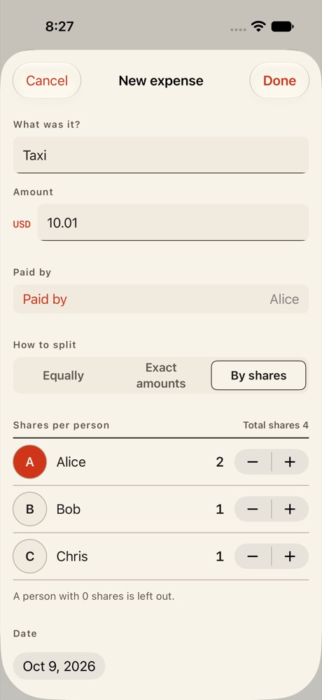 OweDone new expense screen with split by shares selected