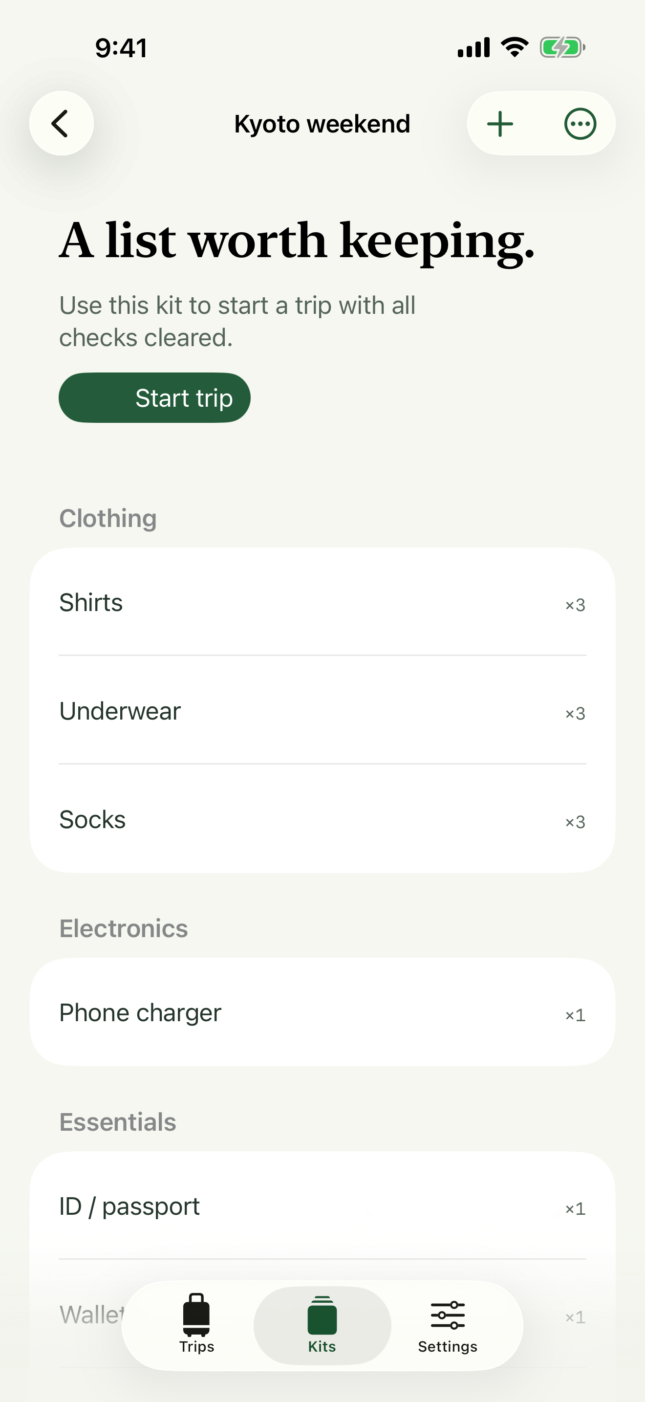 A reusable packing kit with a Start trip action