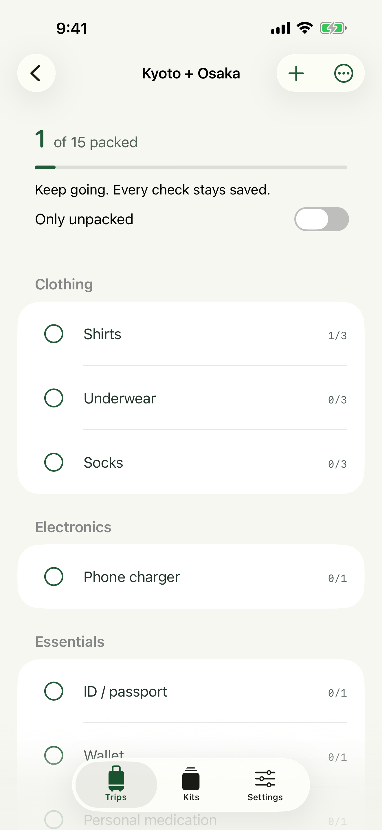 Packstead trip showing item quantities, packing progress, and an unpacked-only filter